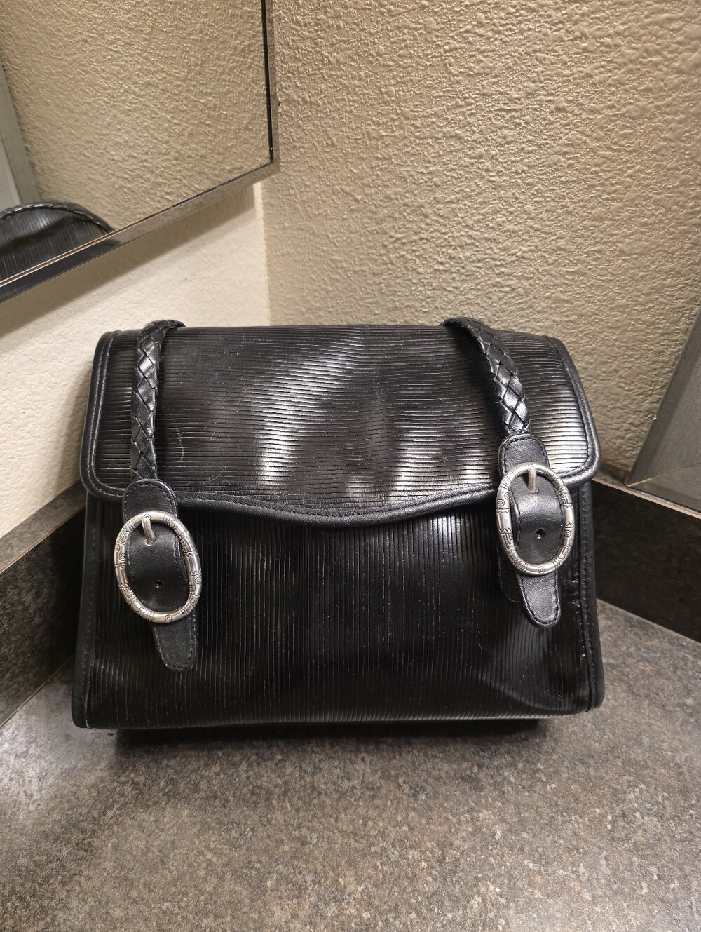 Vintage BRIGHTON Black Leather Shoulder Bag Woven Braided Strap Ribbed Buckle